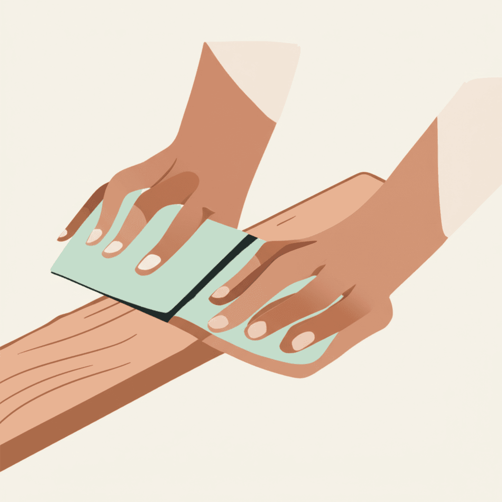 Close-up of hands sanding a wooden plank for a DIY project.